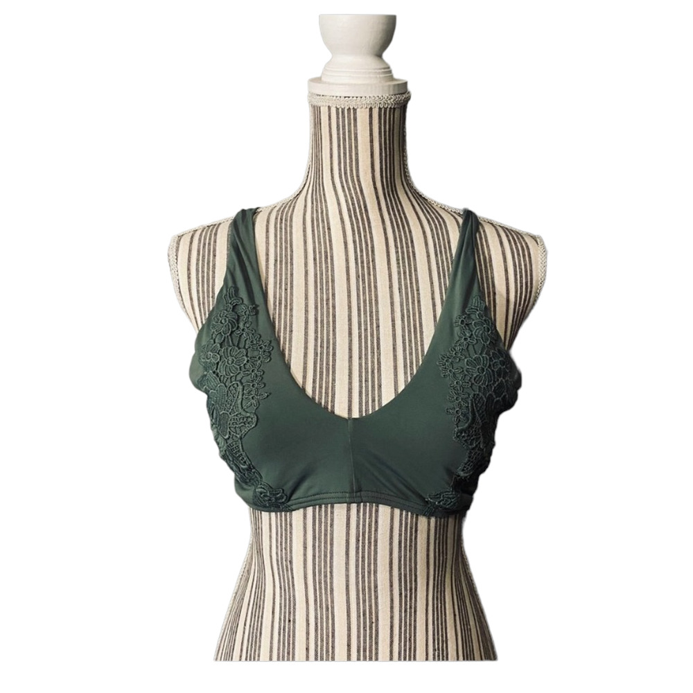 Ambrielle Olive Green Lace Appliqué Crisscross Back Bikini Top Women’s Large